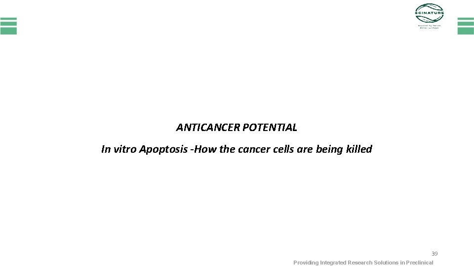 ANTICANCER POTENTIAL In vitro Apoptosis -How the cancer cells are being killed 39 Providing