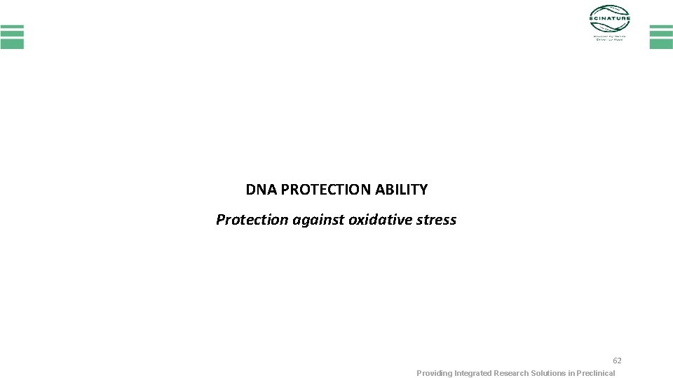 DNA PROTECTION ABILITY Protection against oxidative stress 62 Providing Integrated Research Solutions in Preclinical