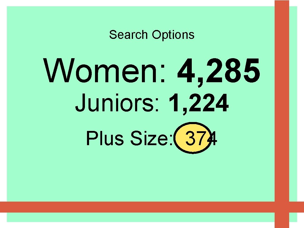Search Options Women: 4, 285 Juniors: 1, 224 Plus Size: 374 