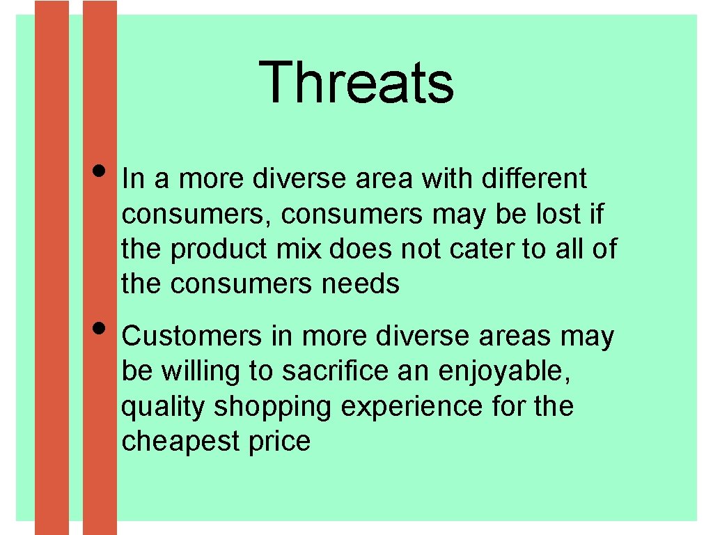 Threats • In a more diverse area with different consumers, consumers may be lost
