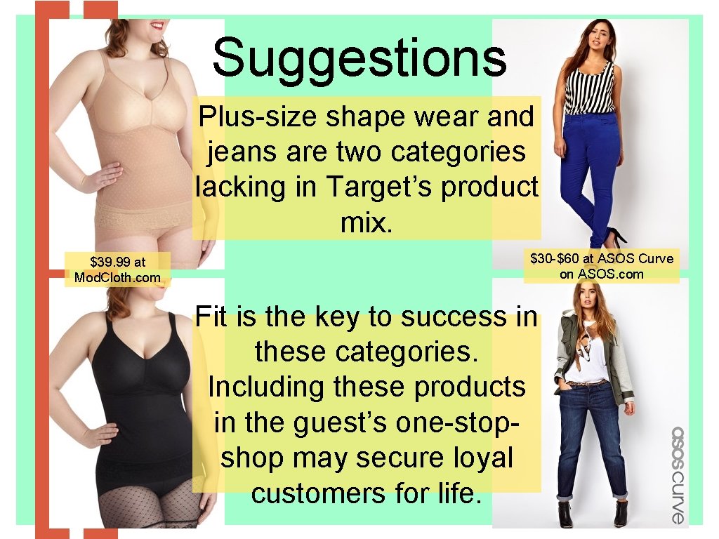 Suggestions Plus-size shape wear and jeans are two categories lacking in Target’s product mix.