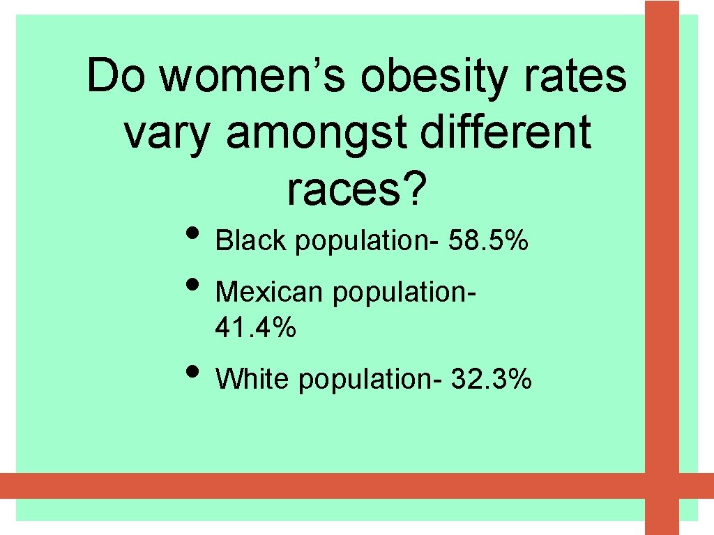 Do women’s obesity rates vary amongst different races? • Black population- 58. 5% •