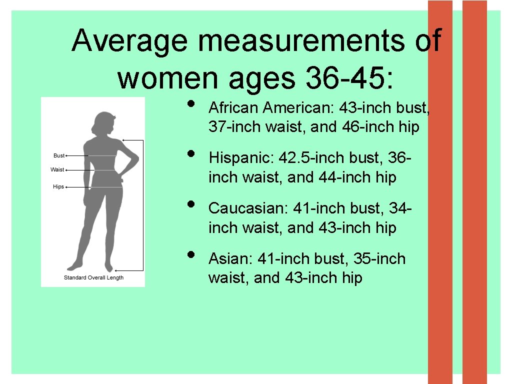 Average measurements of women ages 36 -45: • • African American: 43 -inch bust,