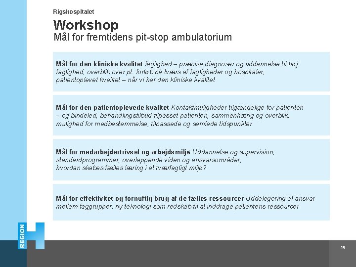 Rigshospitalet Workshop Mål for fremtidens pit-stop ambulatorium Mål for den kliniske kvalitet faglighed –