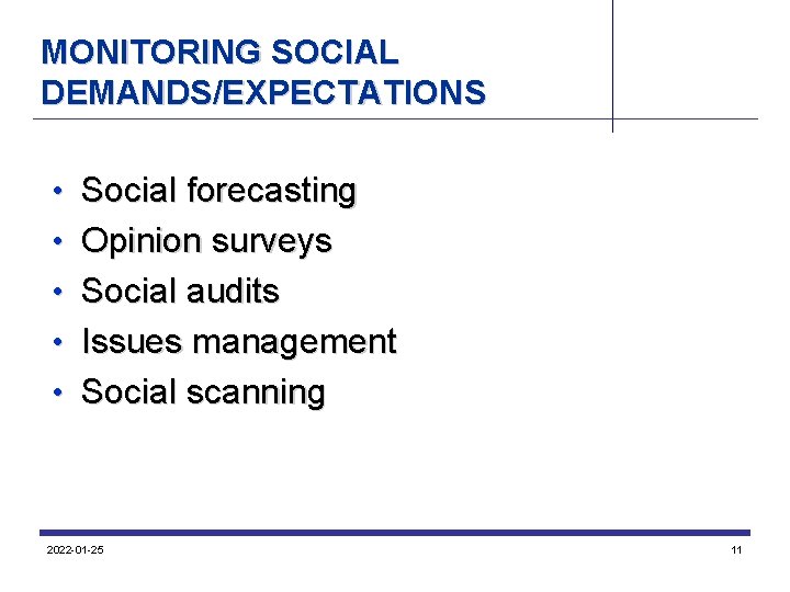 MONITORING SOCIAL DEMANDS/EXPECTATIONS • Social forecasting • Opinion surveys • Social audits • Issues