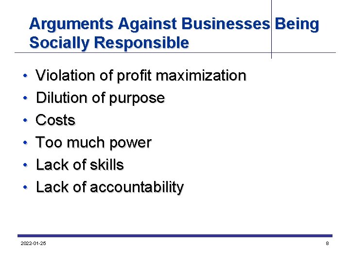 Arguments Against Businesses Being Socially Responsible • Violation of profit maximization • Dilution of