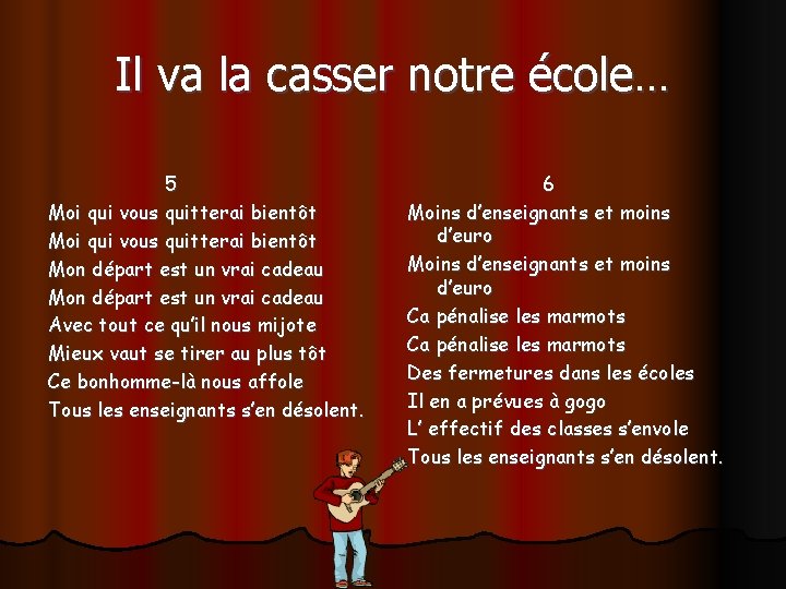 Il va la casser notre école… 5 Moi qui vous quitterai bientôt Mon départ