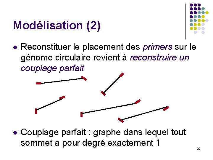 Modélisation (2) l Reconstituer le placement des primers sur le génome circulaire revient à