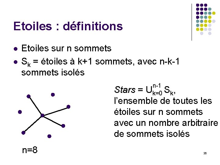Etoiles : définitions l l Etoiles sur n sommets Sk = étoiles à k+1