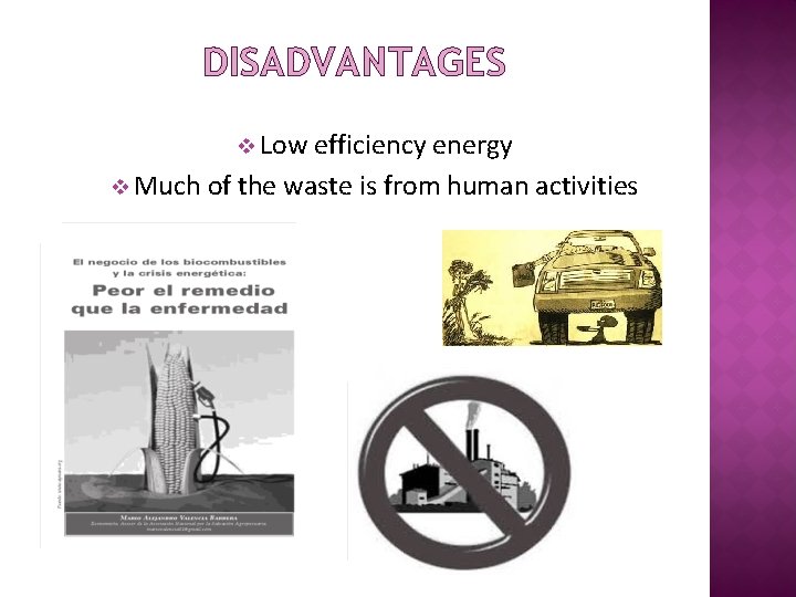 DISADVANTAGES v Low efficiency energy v Much of the waste is from human activities