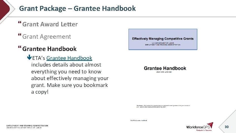 Grant Package – Grantee Handbook Grant Award Letter Grant Agreement Grantee Handbook ETA’s Grantee