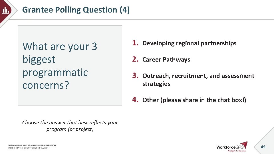 Grantee Polling Question (4) What are your 3 biggest programmatic concerns? 1. Developing regional