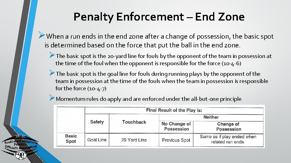 Penalty Enforcement – End Zone ØWhen a run ends in the end zone after