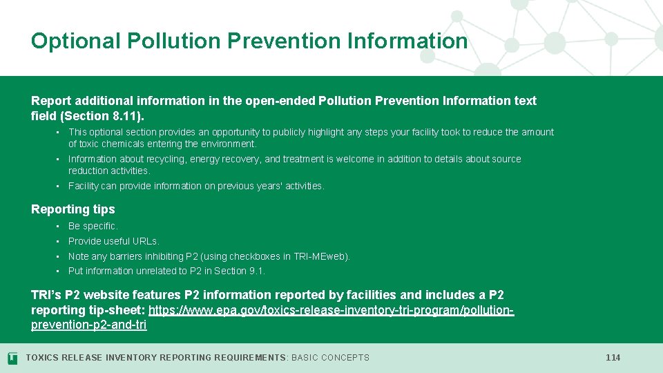 Optional Pollution Prevention Information Report additional information in the open-ended Pollution Prevention Information text