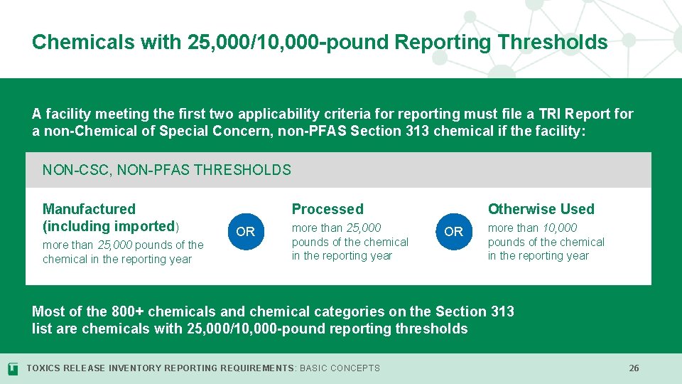 Chemicals with 25, 000/10, 000 -pound Reporting Thresholds A facility meeting the first two