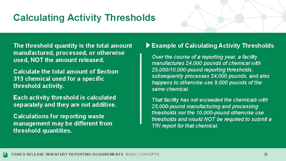 Calculating Activity Thresholds The threshold quantity is the total amount manufactured, processed, or otherwise