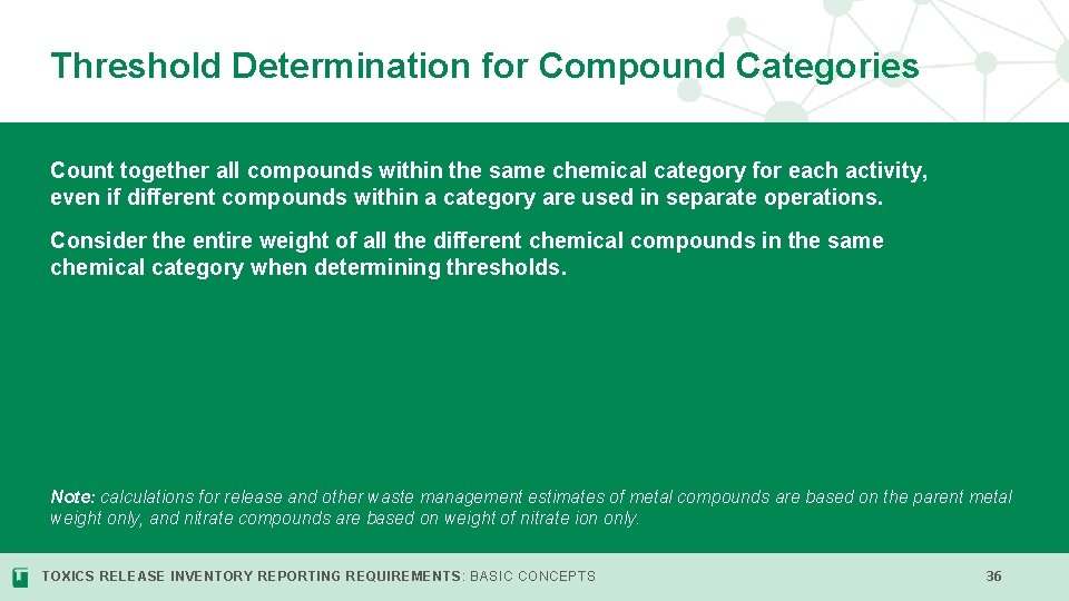 Threshold Determination for Compound Categories Count together all compounds within the same chemical category