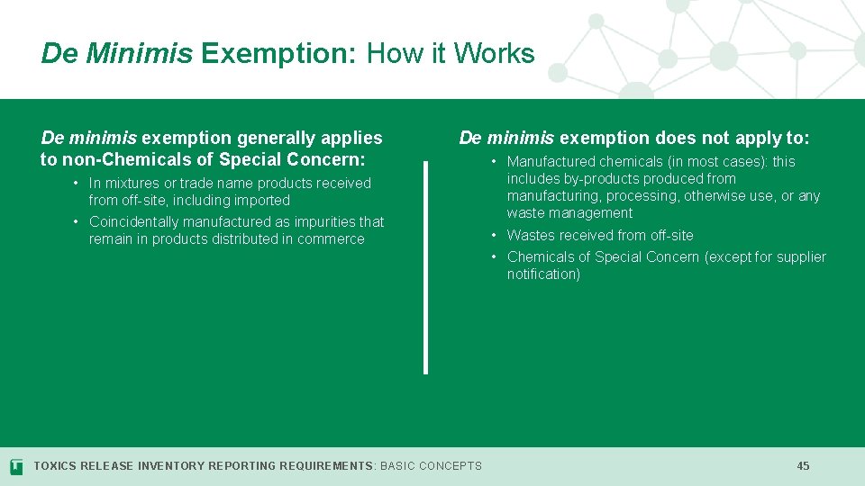 De Minimis Exemption: How it Works De minimis exemption generally applies to non-Chemicals of