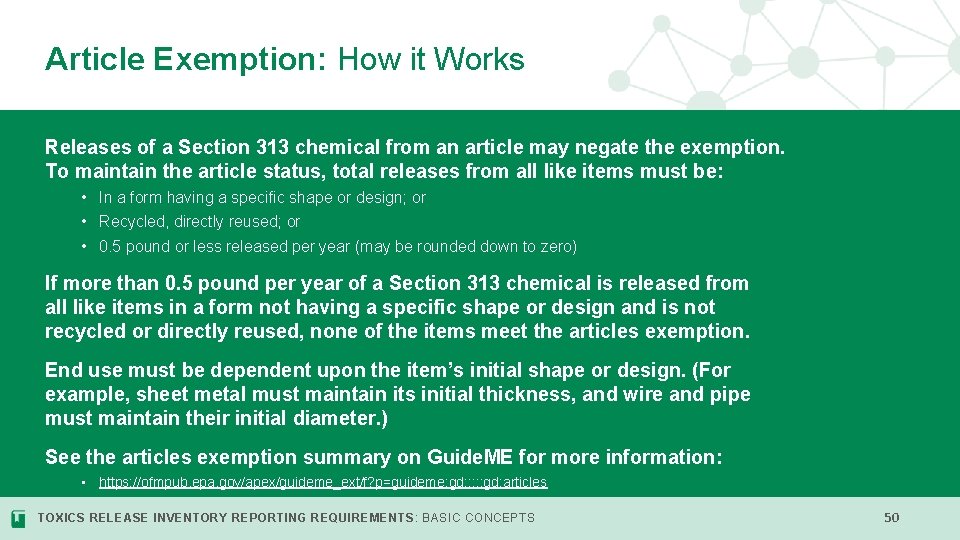 Article Exemption: How it Works Releases of a Section 313 chemical from an article
