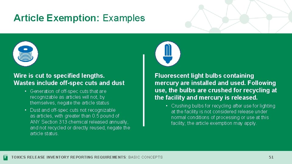 Article Exemption: Examples v Wire is cut to specified lengths. Wastes include off-spec cuts