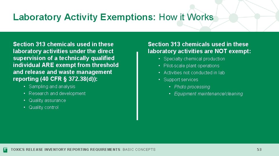 Laboratory Activity Exemptions: How it Works Section 313 chemicals used in these laboratory activities