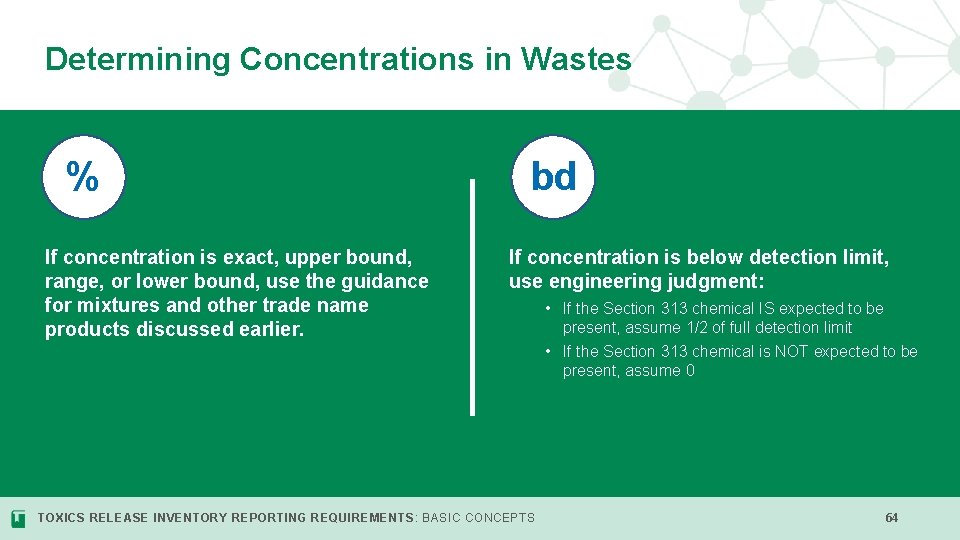 Determining Concentrations in Wastes v % If concentration is exact, upper bound, range, or