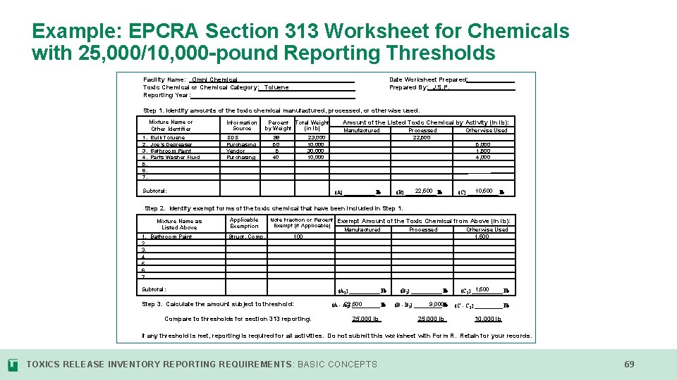 Example: EPCRA Section 313 Worksheet for Chemicals with 25, 000/10, 000 -pound Reporting Thresholds