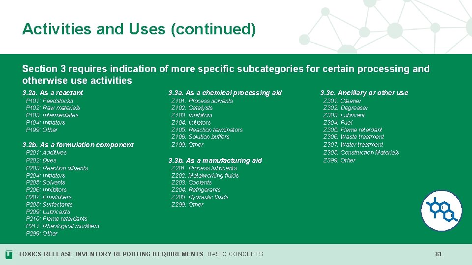 Activities and Uses (continued) Section 3 requires indication of more specific subcategories for certain