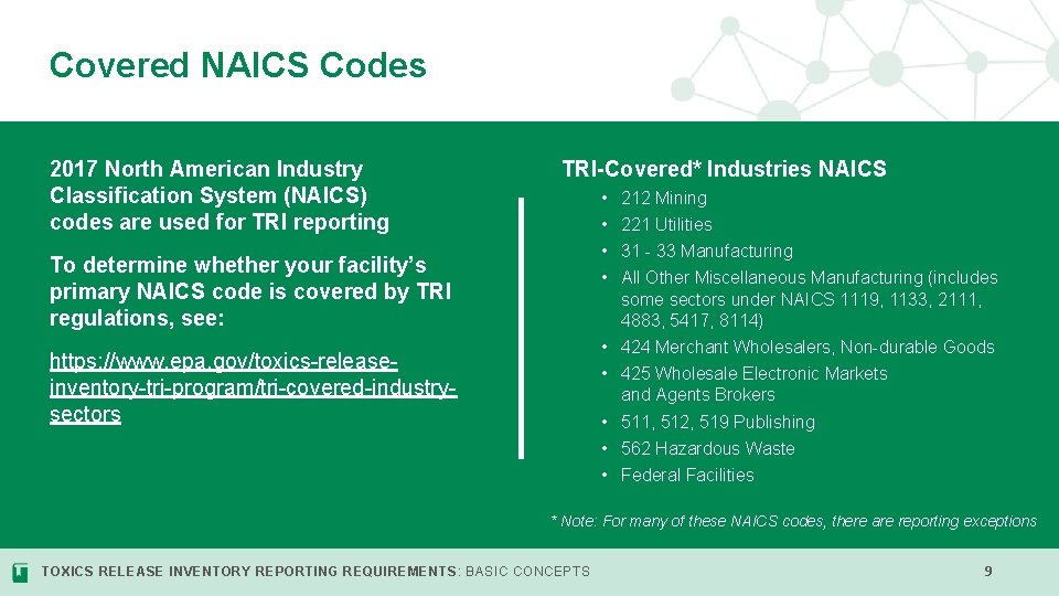 Covered NAICS Codes 2017 North American Industry Classification System (NAICS) codes are used for