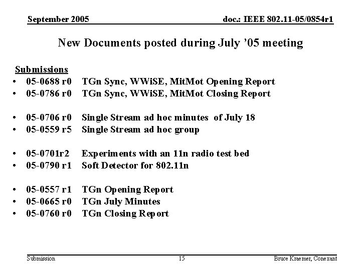 September 2005 doc. : IEEE 802. 11 -05/0854 r 1 New Documents posted during