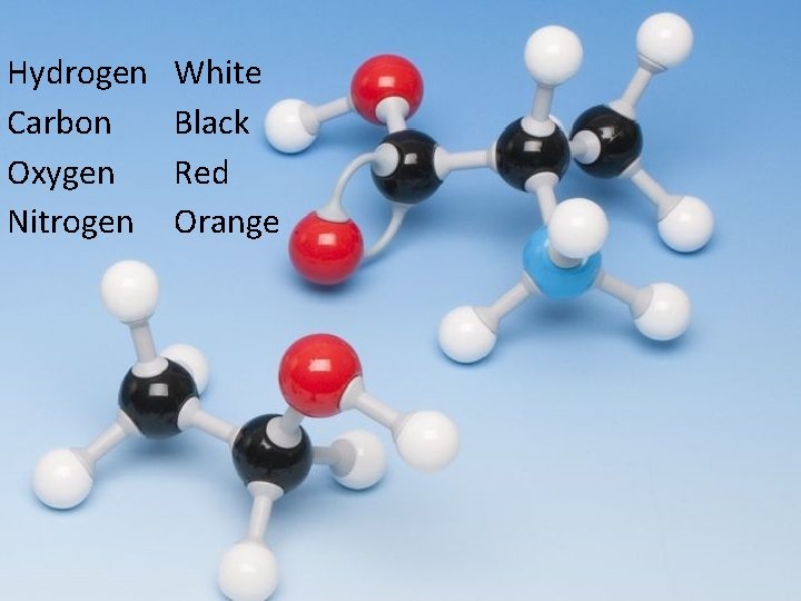 Hydrogen Carbon Oxygen Nitrogen White Black Red Orange 