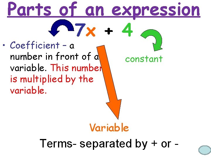 Parts of an expression 7 x + 4 • Coefficient – a number in