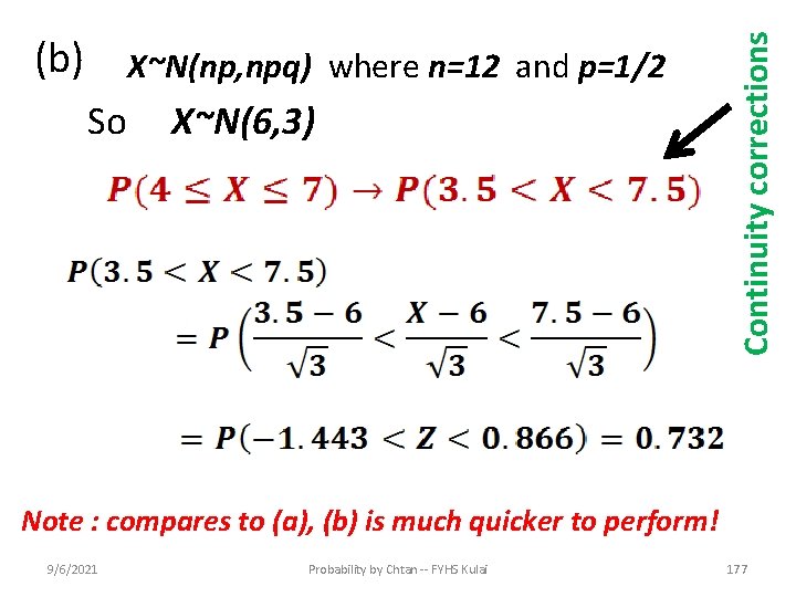 X~N(np, npq) where n=12 and p=1/2 So X~N(6, 3) Continuity corrections (b) Note :