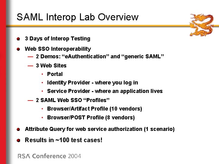 SAML Interop Lab Overview 3 Days of Interop Testing Web SSO Interoperability — 2