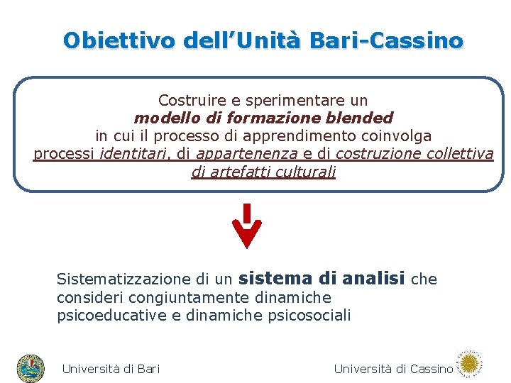 Obiettivo dell’Unità Bari-Cassino Costruire e sperimentare un modello di formazione blended in cui il
