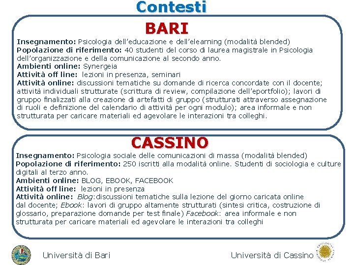 Contesti BARI Insegnamento: Psicologia dell’educazione e dell’elearning (modalità blended) Popolazione di riferimento: 40 studenti