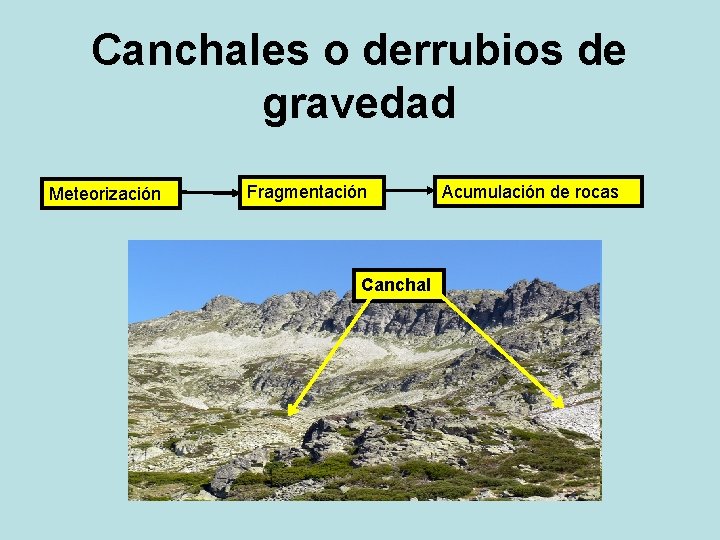 Canchales o derrubios de gravedad Meteorización Fragmentación Canchal Acumulación de rocas 