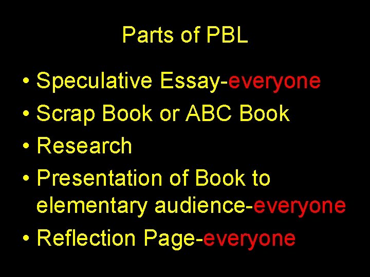 Parts of PBL • Speculative Essay-everyone • Scrap Book or ABC Book • Research