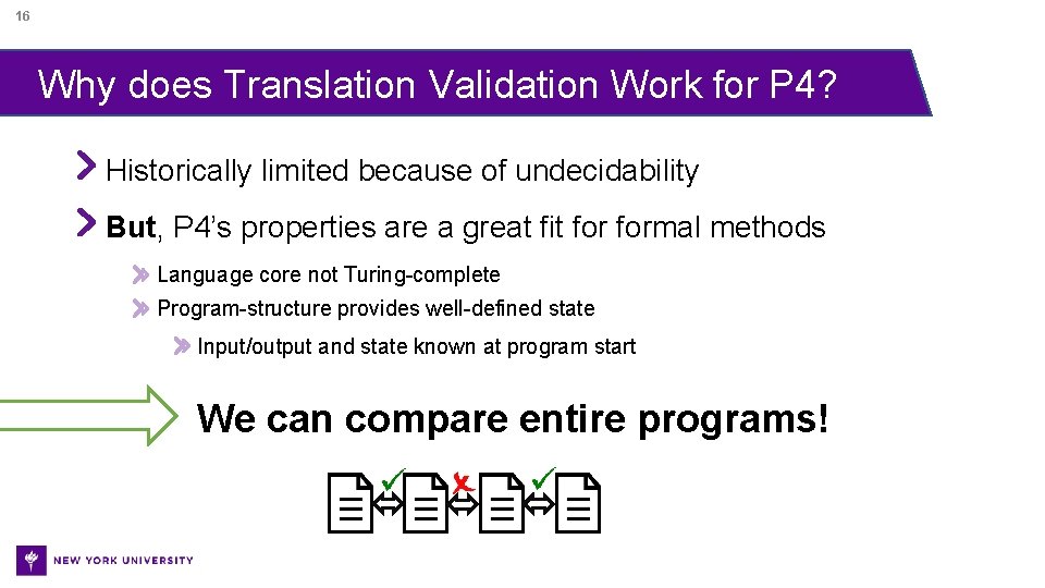16 Why does Translation Validation Work for P 4? Historically limited because of undecidability