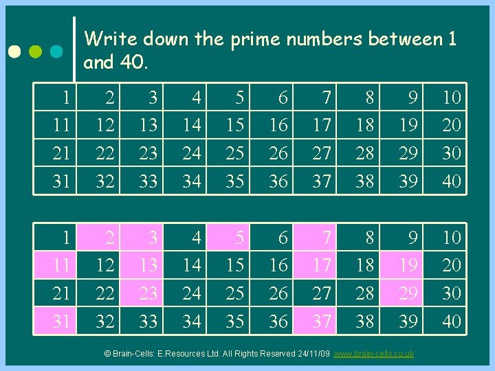 Write down the prime numbers between 1 and 40. 1 11 21 31 2