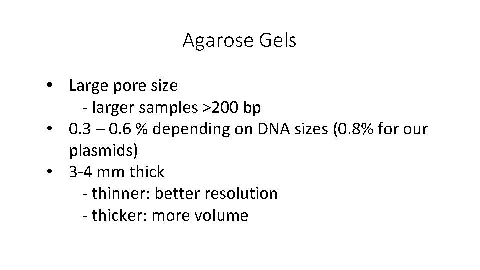 Agarose Gels • Large pore size - larger samples >200 bp • 0. 3