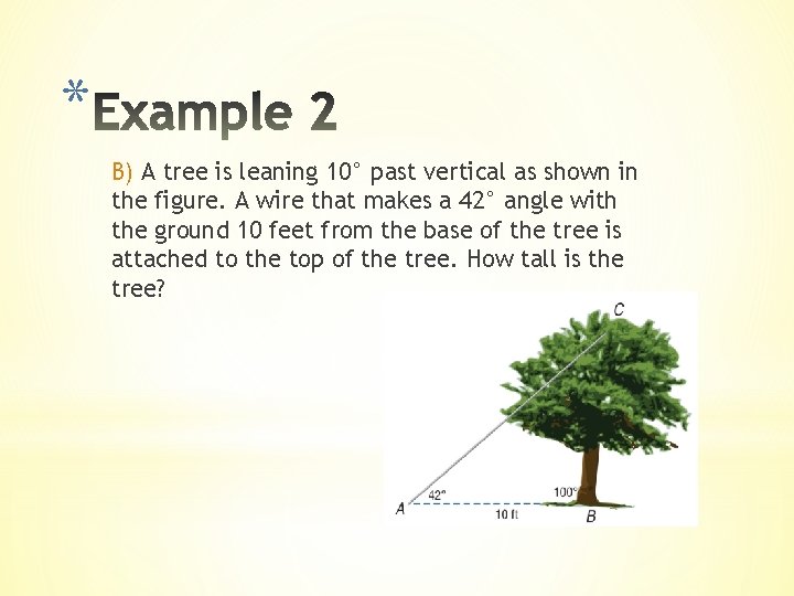 * B) A tree is leaning 10° past vertical as shown in the figure.