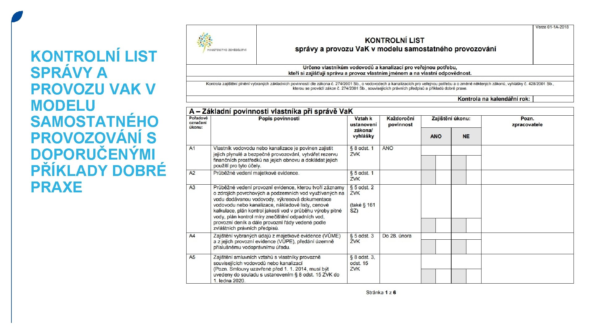 KONTROLNÍ LIST SPRÁVY A PROVOZU VAK V MODELU SAMOSTATNÉHO PROVOZOVÁNÍ S DOPORUČENÝMI PŘÍKLADY DOBRÉ