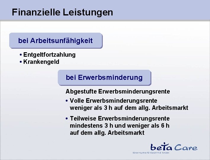 Finanzielle Leistungen bei Arbeitsunfähigkeit • Entgeltfortzahlung • Krankengeld bei Erwerbsminderung Abgestufte Erwerbsminderungsrente • Volle