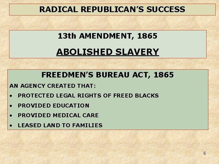 RADICAL REPUBLICAN’S SUCCESS 13 th AMENDMENT, 1865 ABOLISHED SLAVERY FREEDMEN’S BUREAU ACT, 1865 AN