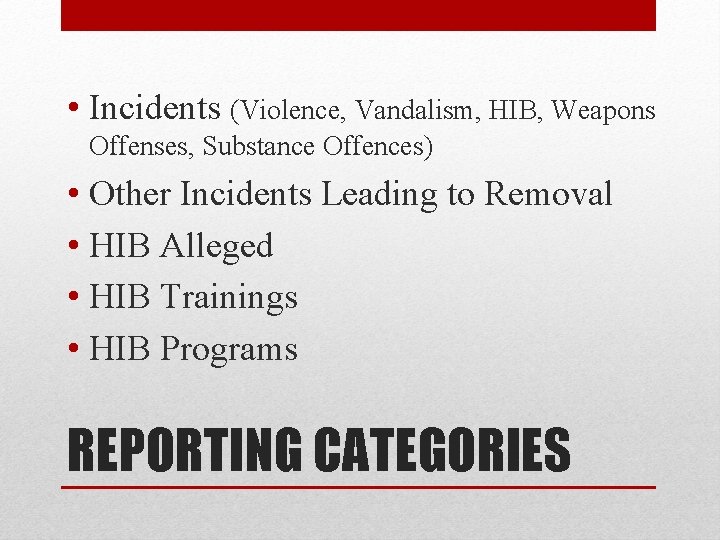  • Incidents (Violence, Vandalism, HIB, Weapons Offenses, Substance Offences) • Other Incidents Leading