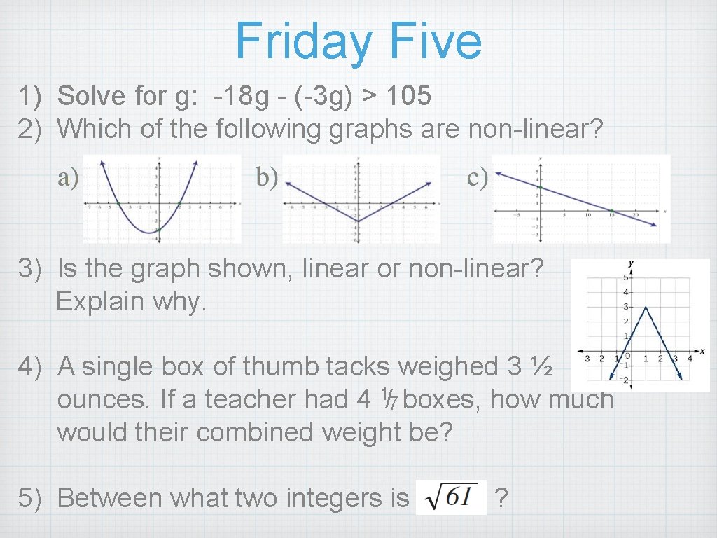 Friday Five 1) Solve for g: -18 g - (-3 g) > 105 2)