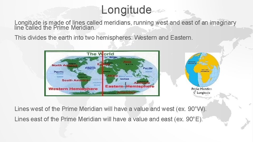 Longitude is made of lines called meridians, running west and east of an imaginary