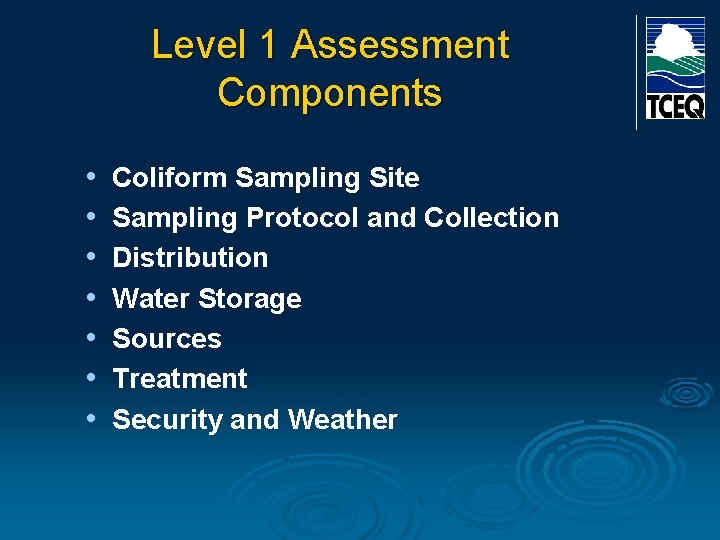 Level 1 Assessment Components • • Coliform Sampling Site Sampling Protocol and Collection Distribution