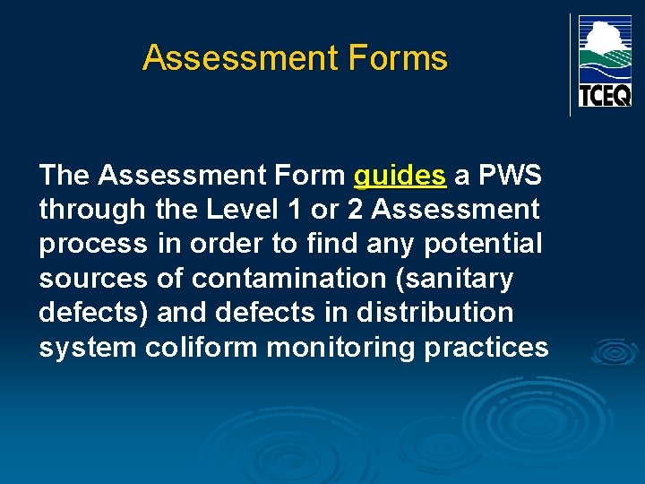 Assessment Forms The Assessment Form guides a PWS through the Level 1 or 2
